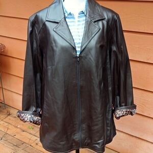 NWOT. Denim & Co. Zip-Up Leather Jacket. Animal Print. Classic.